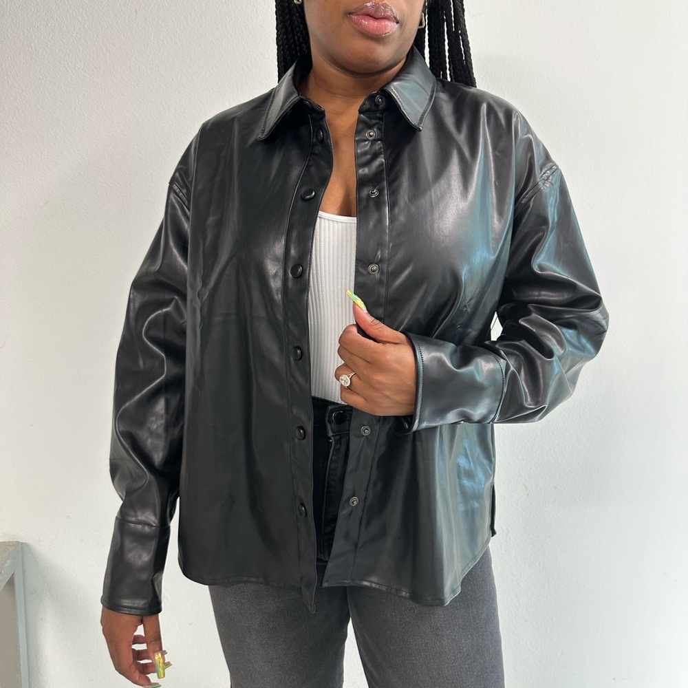 Faux Leather Button Up in black